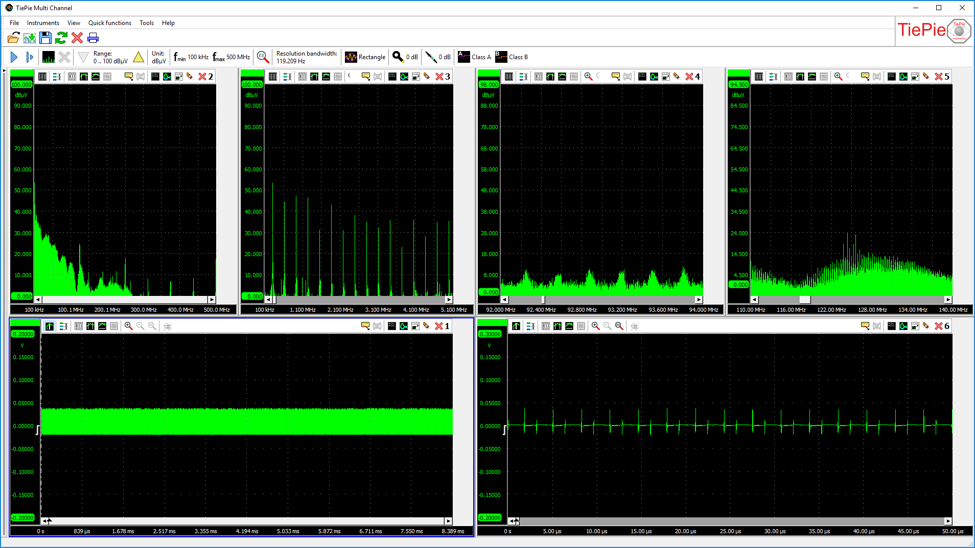 Above: a total spectrum from 0? Hz to 500? MHz and 3 displays with magnified parts of the live spectrum.          Below: the total time domain signal and a magnified part of the time domain signal, live with the spectrum.