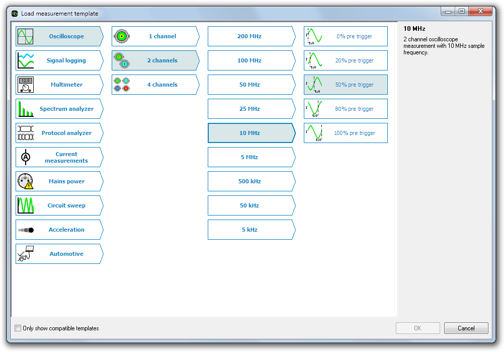 Measurement template selection dialog