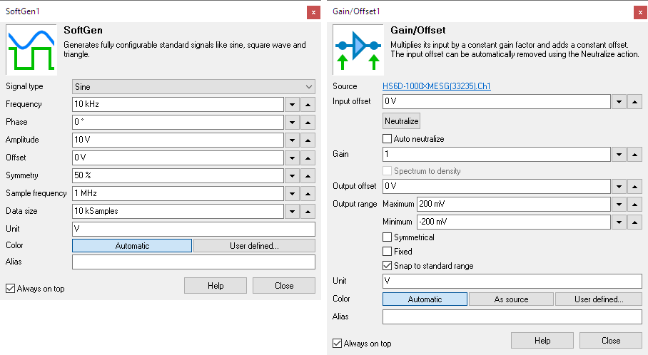 SoftGen and Gain/Offset I/O settings windows