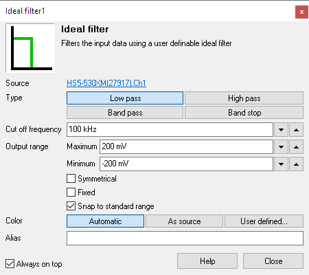 Ideal filter I/O settings window