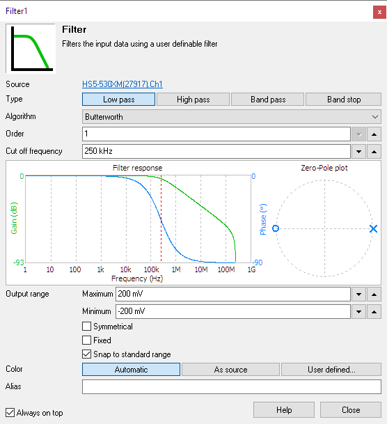 Filter I/O settings window