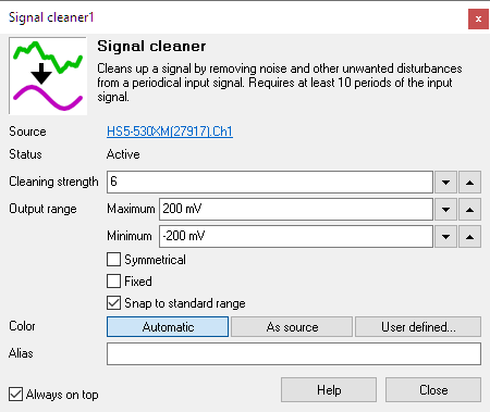 Signal cleaner I/O settings window