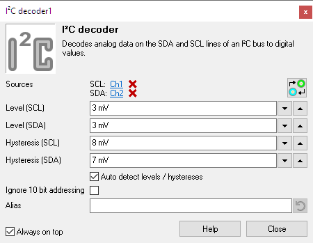 I²C decoder I/O settings window