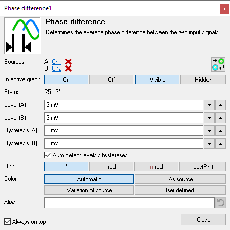 Phase difference I/O settings window