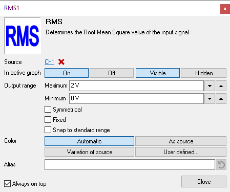 RMS I/O settings window