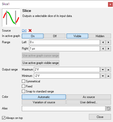 Slice I/O settings window