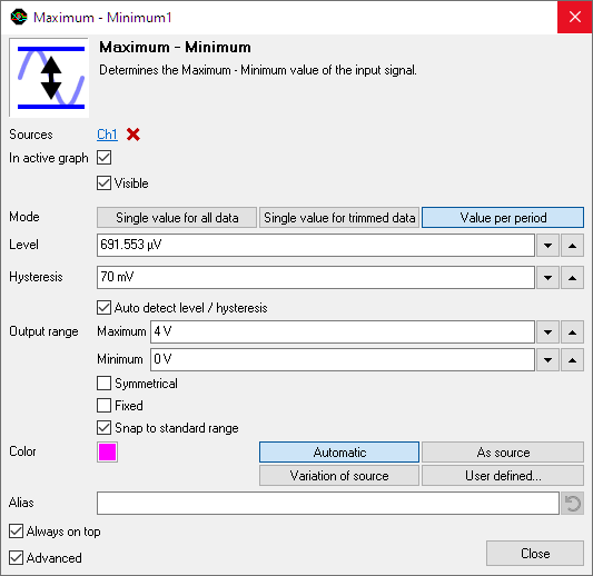 Maximum - Minimum  I/O settings window