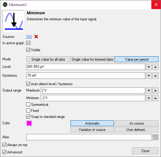 Minimum I/O settings window