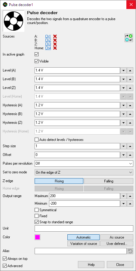 Pulse decoder I/O settings window