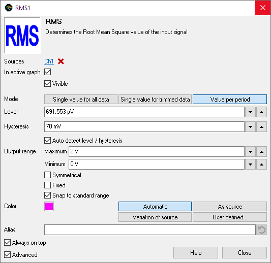 RMS I/O settings window