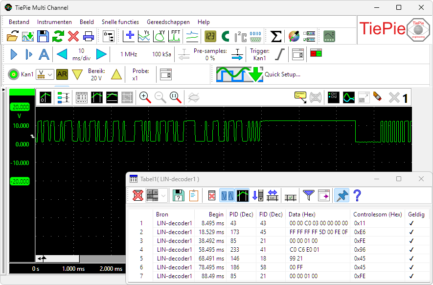 Meting aan een LIN-bus, met data gedecodeerd door een LIN-decoder.
