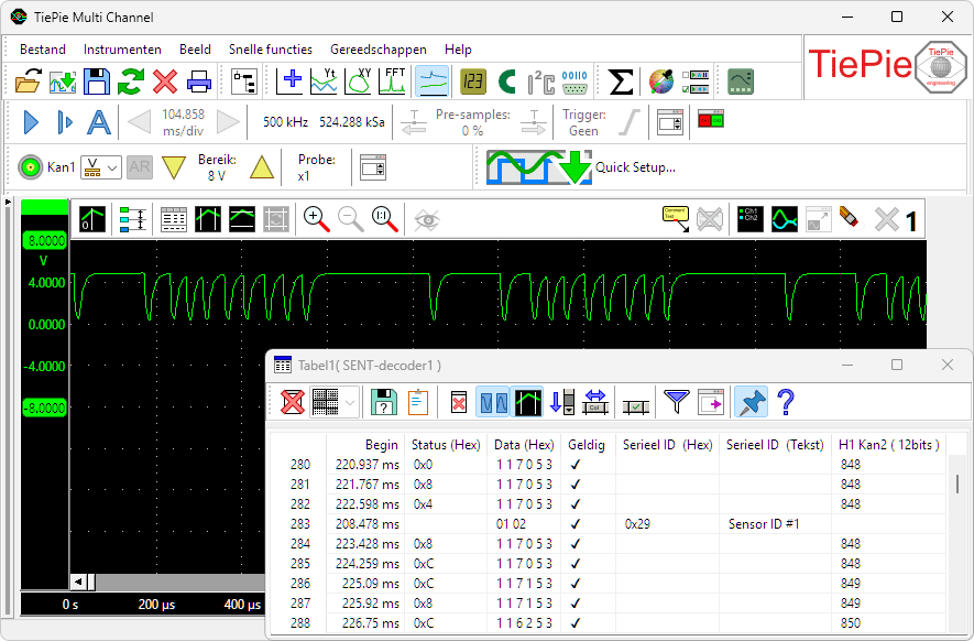 Meting aan een SENT-bus, met data gedecodeerd door een SENT-decoder.