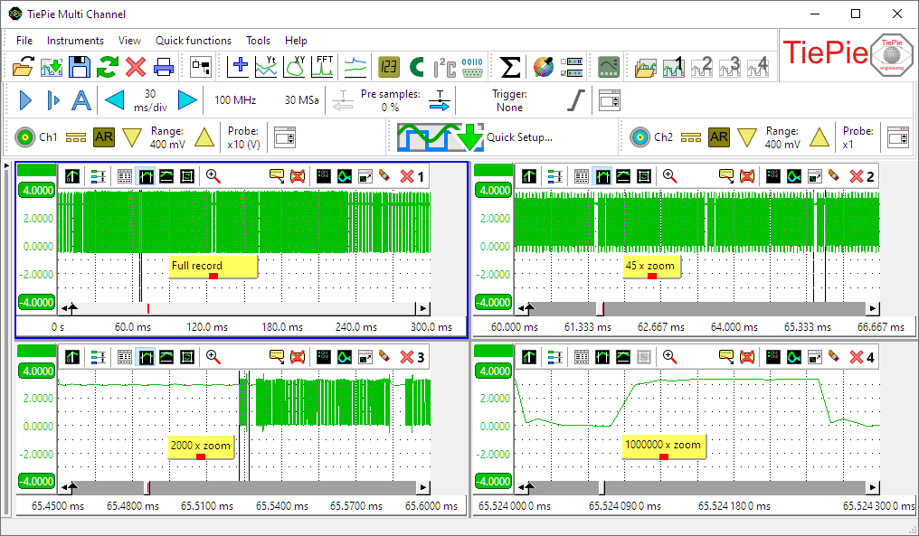 The same signal viewed simultaneously with several zoom factors up to 1 million