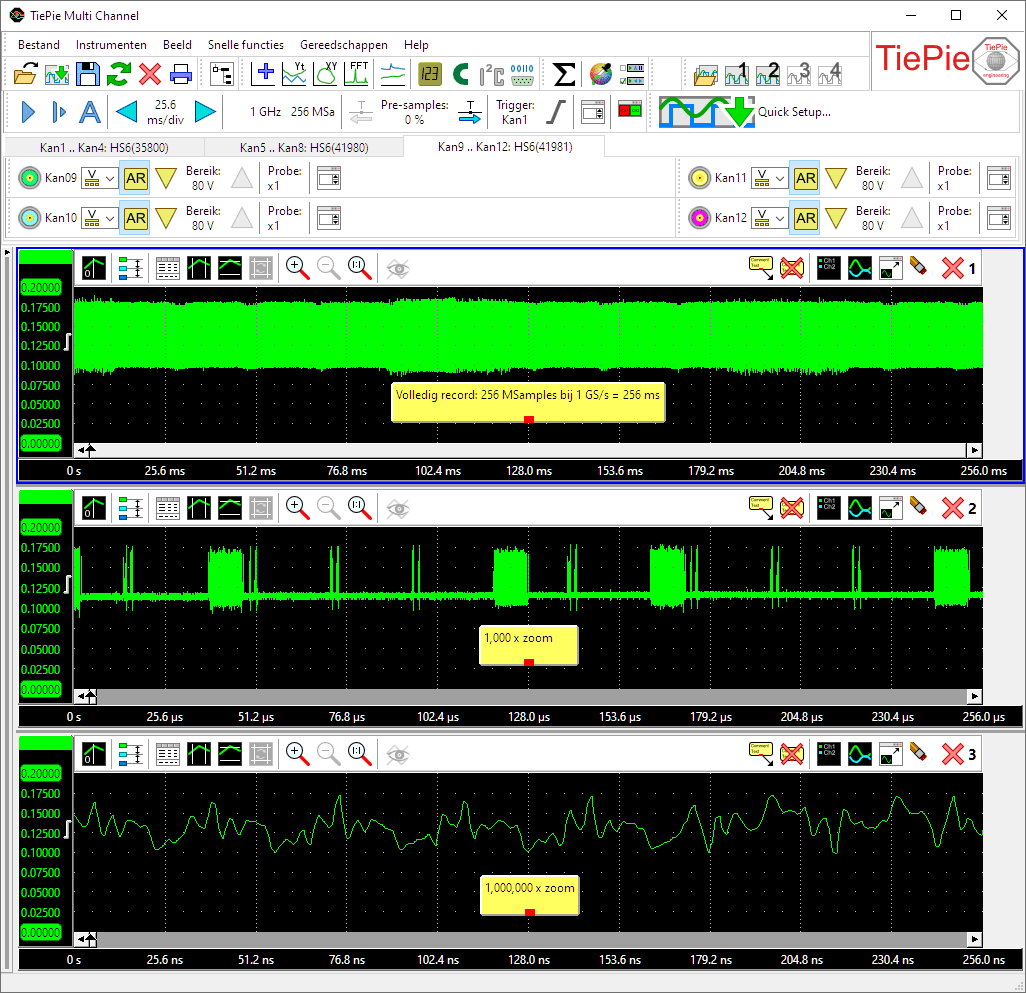 Hetzelfde signaal gelijktijdig bekeken met verschillende zoom-factoren tot 1 miljoen
