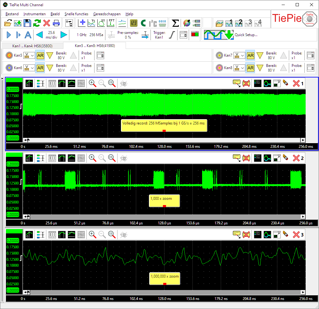 Hetzelfde signaal gelijktijdig bekeken met verschillende zoom-factoren tot 1 miljoen