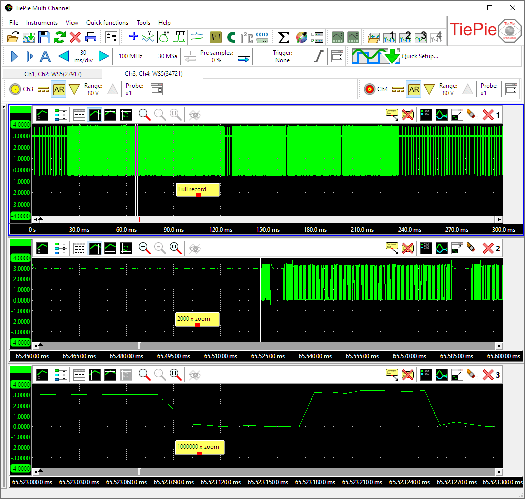 The same signal viewed simultaneously with several zoom factors up to 1 million