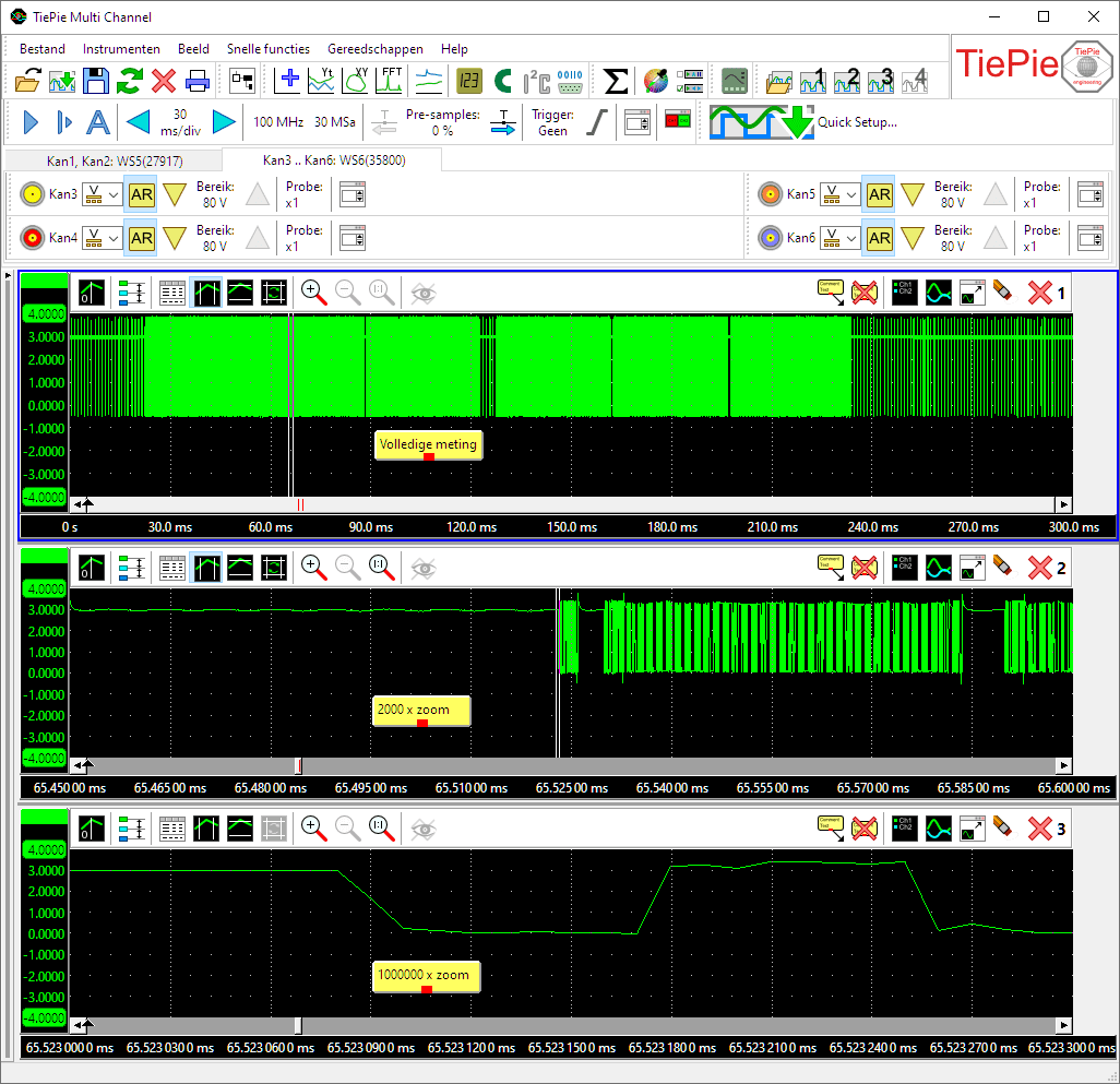 Hetzelfde signaal gelijktijdig bekeken met verschillende zoom-factoren tot 1 miljoen