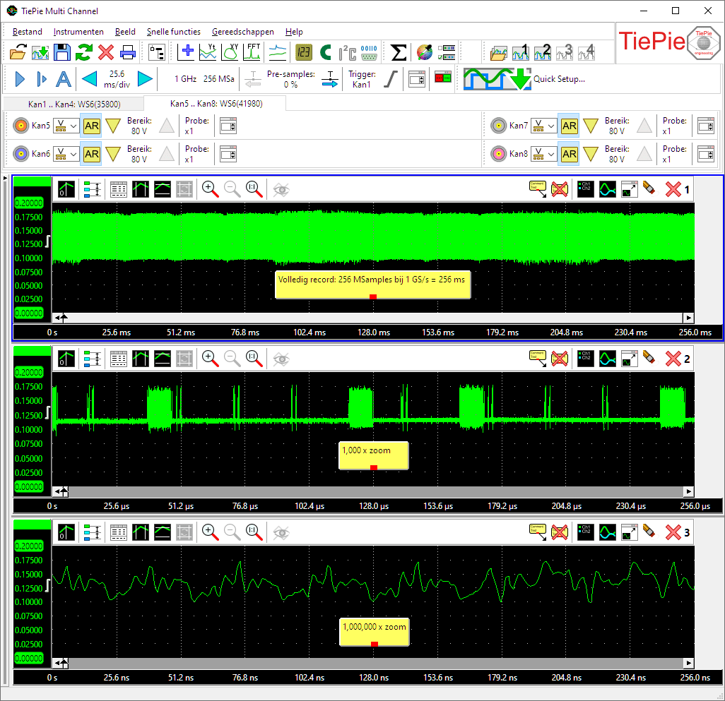 Hetzelfde signaal gelijktijdig bekeken met verschillende zoom-factoren tot 1 miljoen