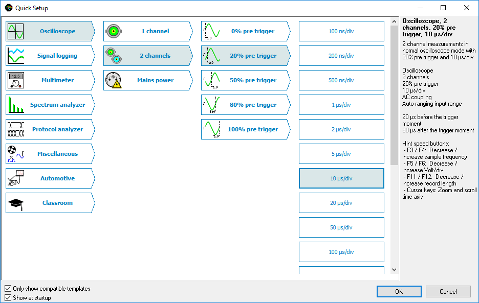 Quick Setup selection dialog