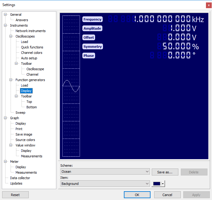 Display Function generators Instruments Settings Multi Channel