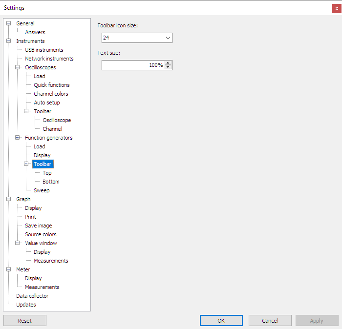 Settings dialog - Instruments - Function generators - Toolbar.