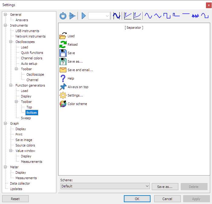 Settings dialog - Instruments - Function generators - Toolbar - Bottom.