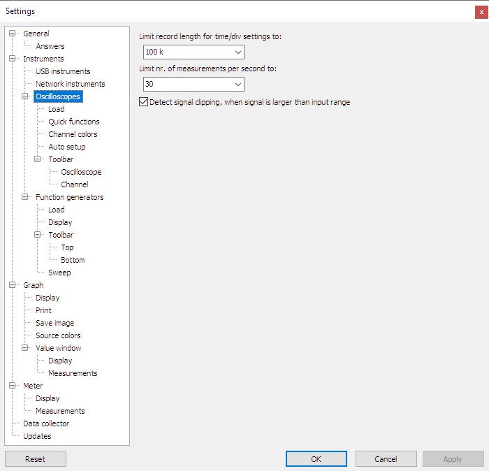 Settings dialog - Instruments - Oscilloscopes.