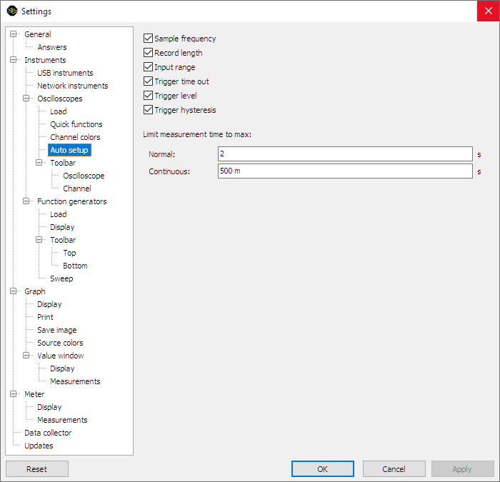 Settings dialog - Instruments - Oscilloscopes - Auto setup.