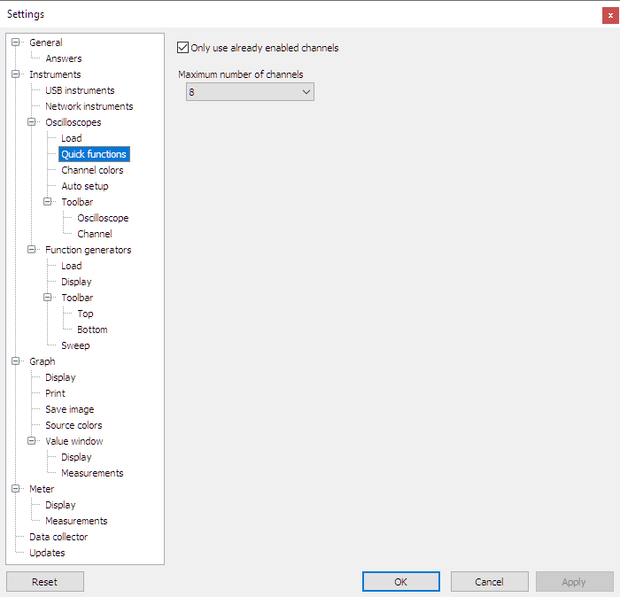 Settings dialog - Instruments - Oscilloscopes - Quick functions.