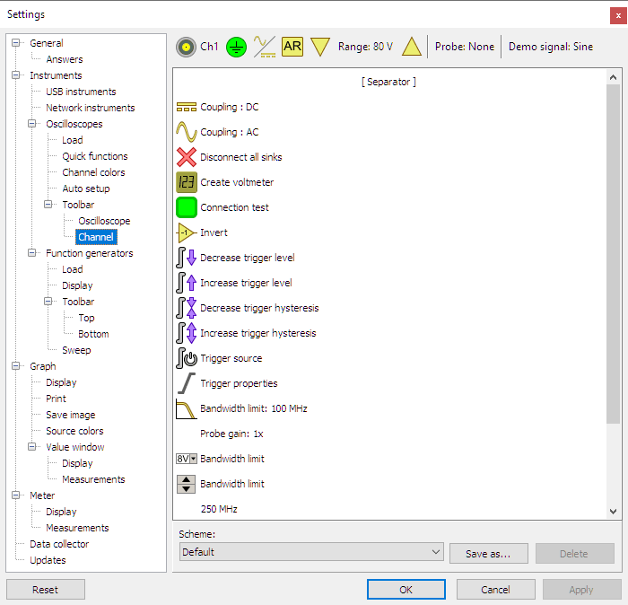 Settings dialog - Instruments - Oscilloscopes - Toolbar - Channel.