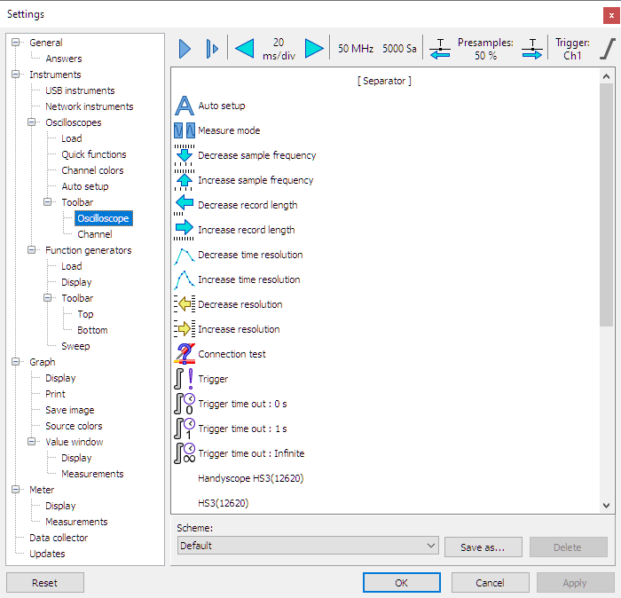 Settings dialog - Instruments - Oscilloscopes - Toolbar - Oscilloscope.