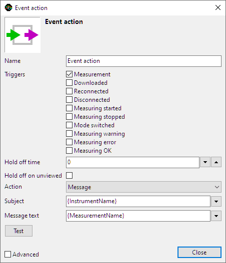 Event actions settings window