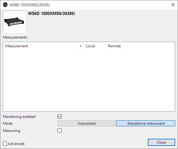 Settings window for a standalone instrument