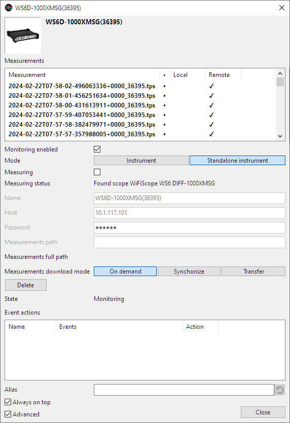 Advanced settings window for a standalone instrument